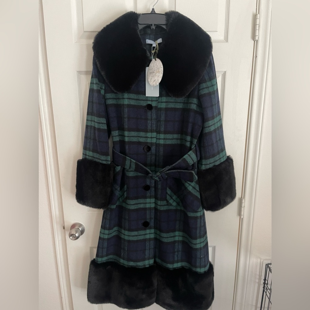 Antonio Melani X Nicola Bathie Plaid Long Cuffed Faux Fur Coat